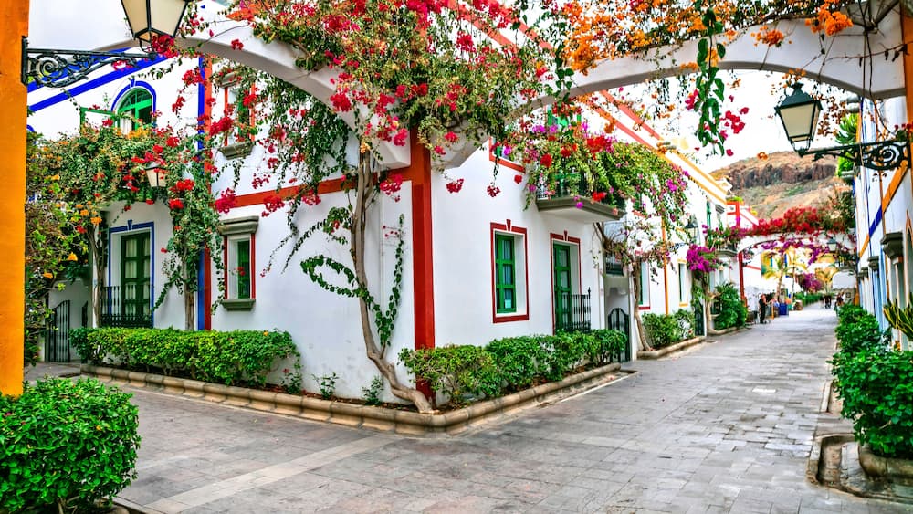A narrow cobblestone street lined with white buildings adorned with red trim and green shutters, under a canopy of flowering plants.