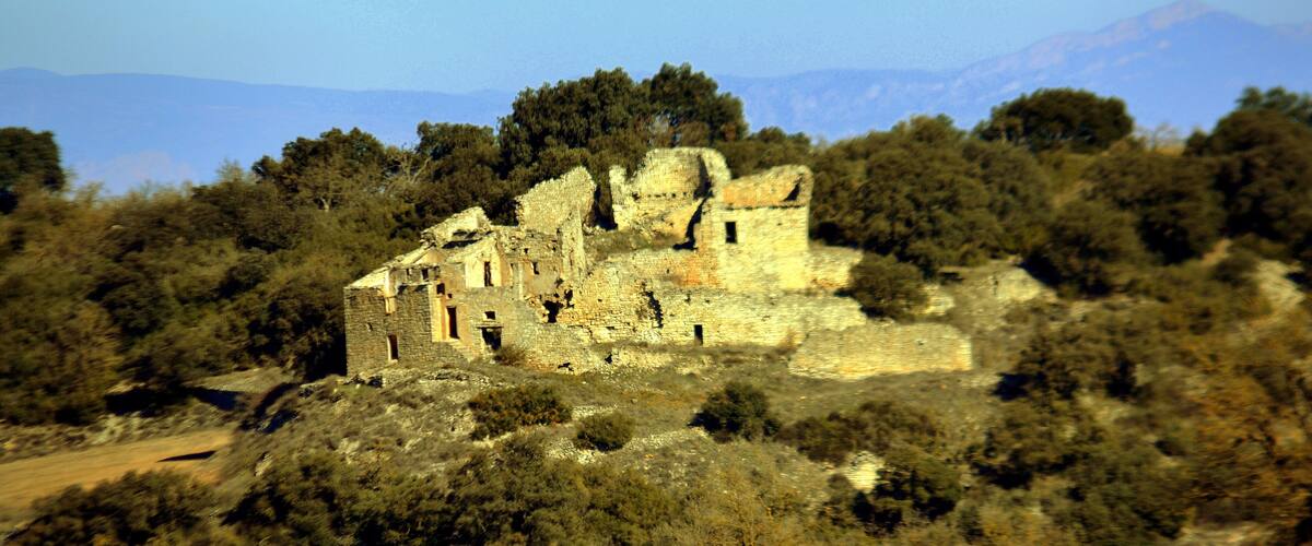 An ancient stone castle on a hill surrounded by trees and fields.