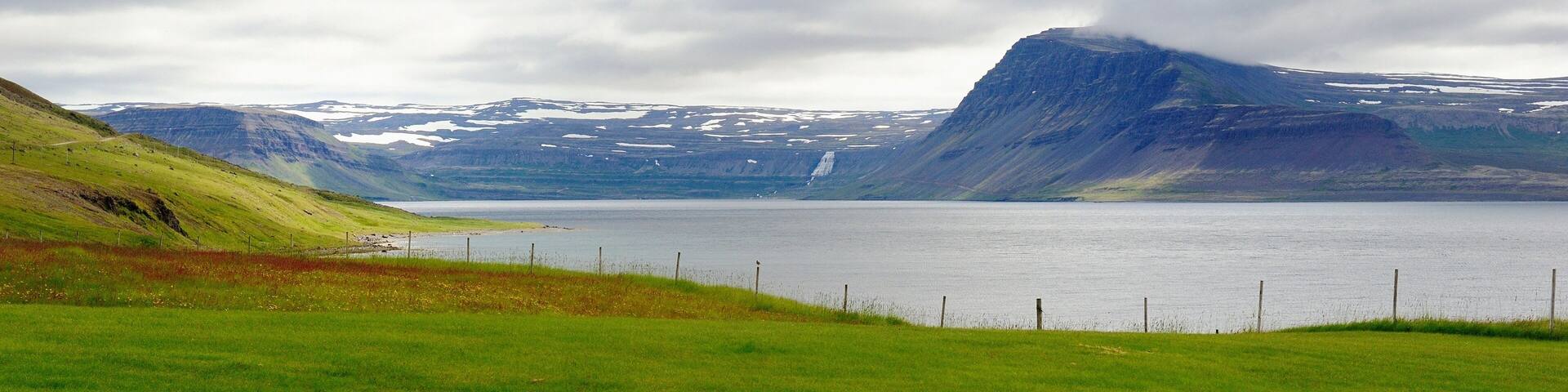Dynjandi water fall from across the fjord