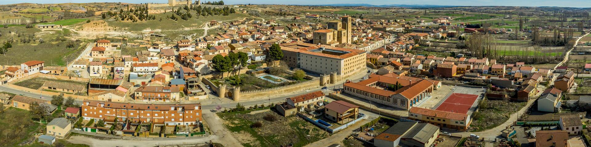 Penaranda de Duero aerial view of medieval castle, donjon and fortified town in Castilla La Mancha Spain