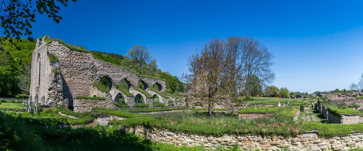 Ancient stone ruins with arches, surrounded by lush greenery and a clear blue sky.