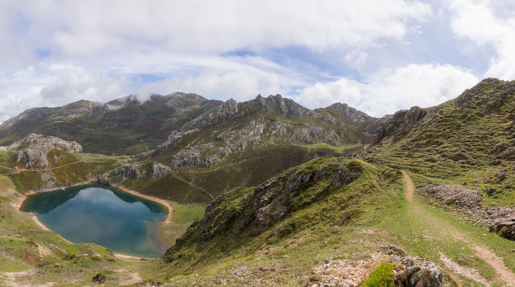 View of a lake from the top of the mountain in Somiedo, Spain