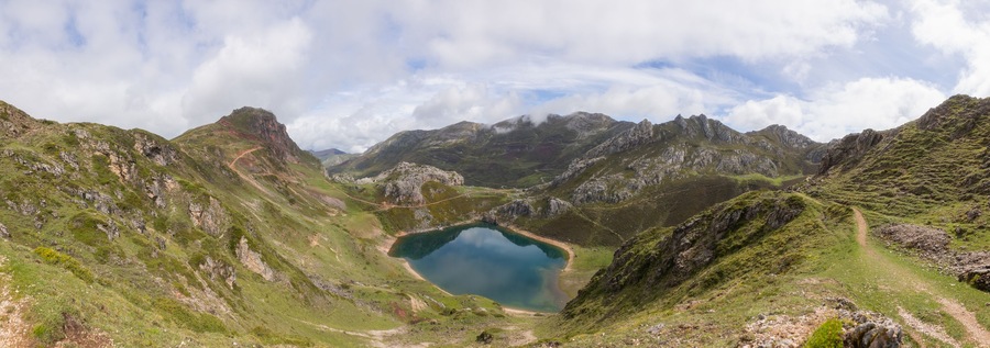 View of a lake from the top of the mountain in Somiedo, Spain