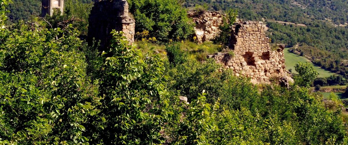 A mountainous landscape with ancient stone ruins and a small tower amidst lush greenery.