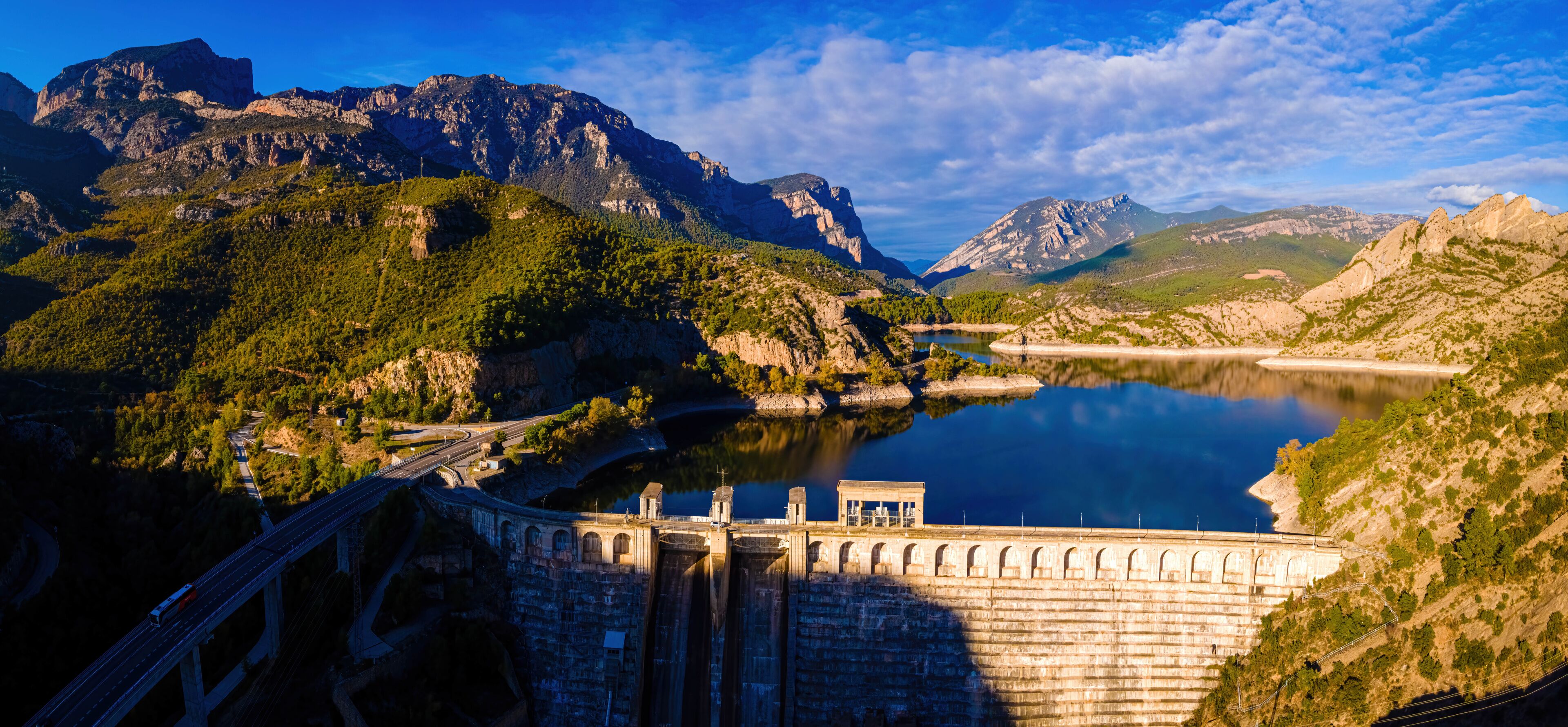 Aerial view of Presa de Oliana dam on El Serge river in Spain