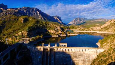 Aerial view of Presa de Oliana dam on El Serge river in Spain