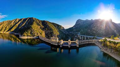 Aerial view of Presa de Oliana dam on El Serge river in Spain