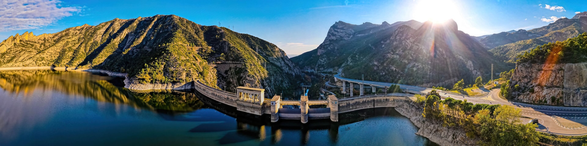 Aerial view of Presa de Oliana dam on El Serge river in Spain