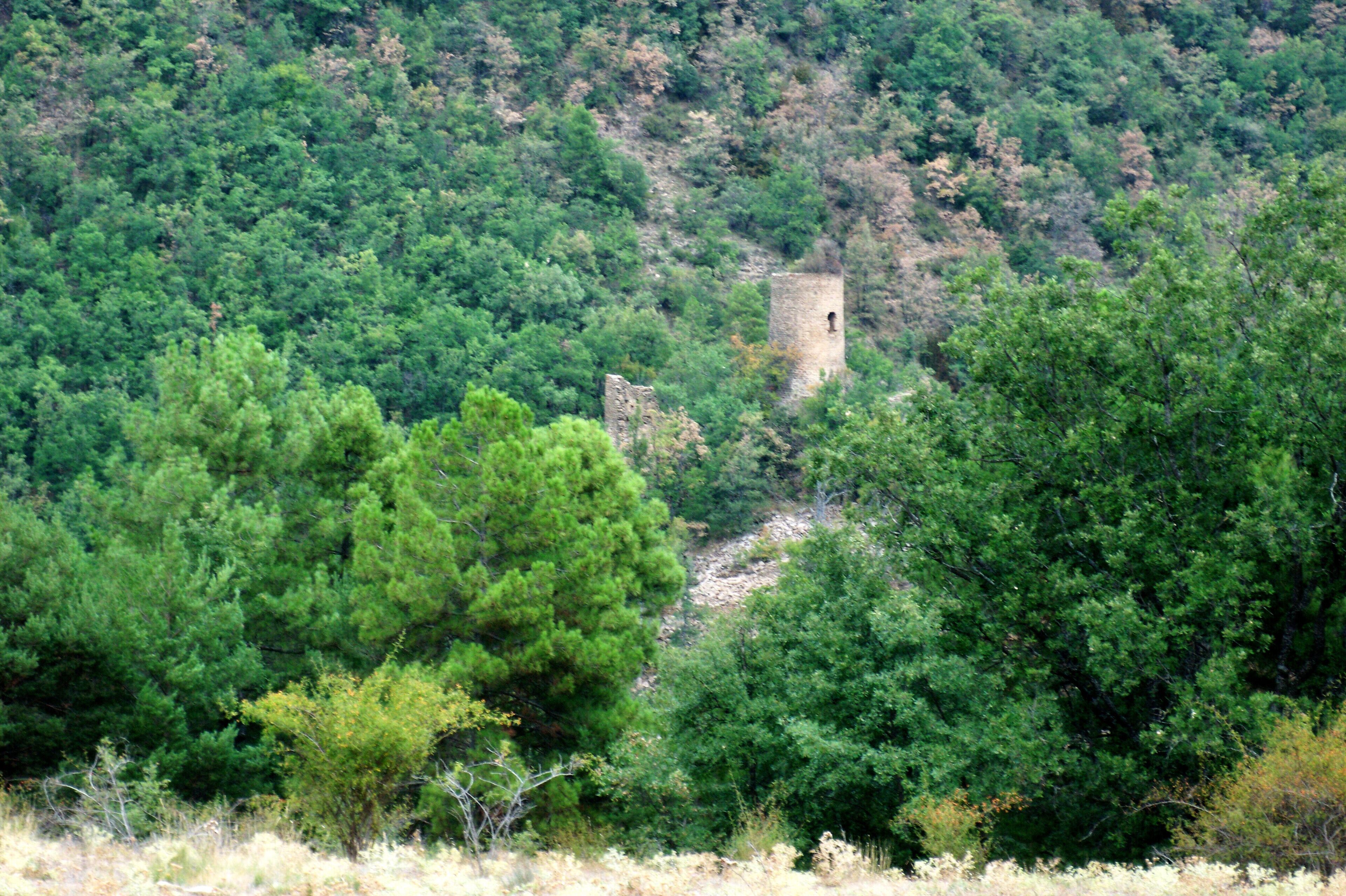 Vista de del Castell de Valldarques des de l'indret de Santa María de Remolins on hi destaca la torre circular, únic element del conjunt que es conserva dret.
