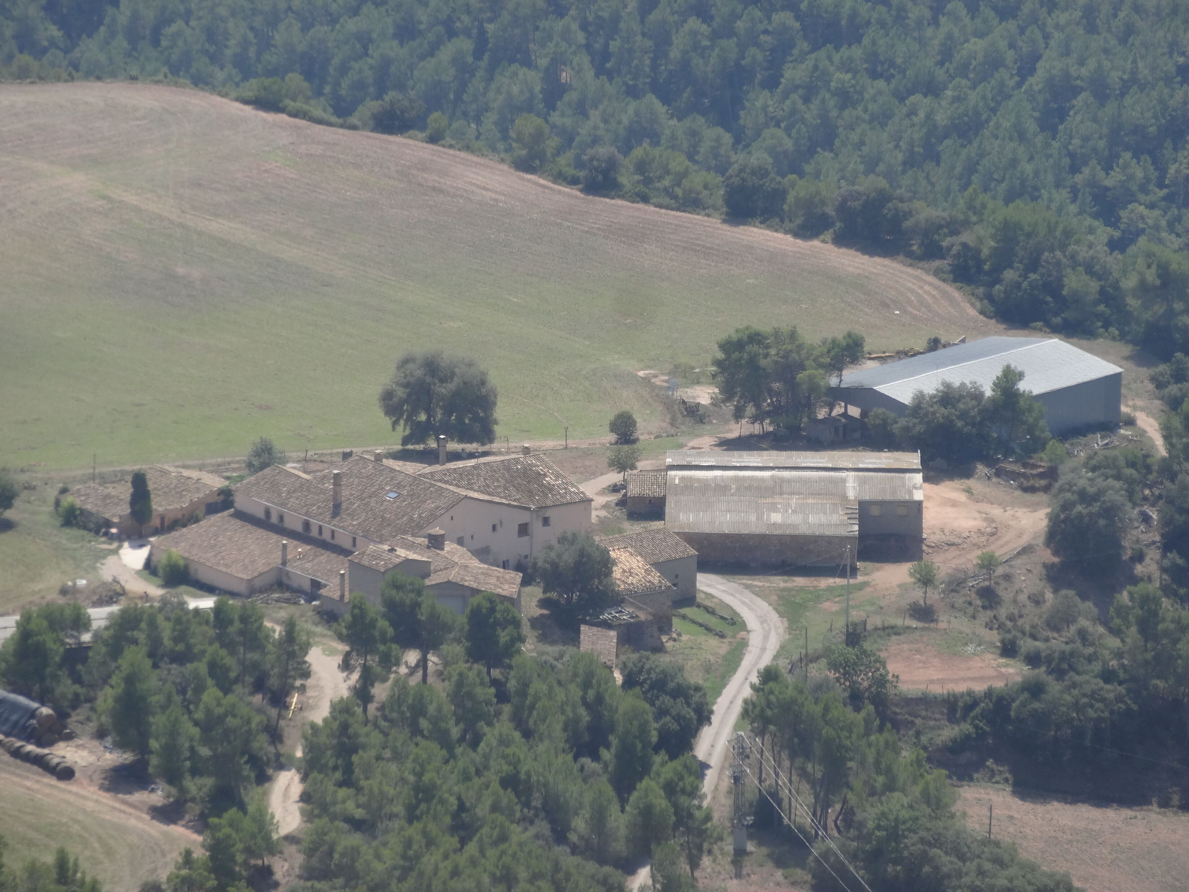 An aerial view of a rural area with a large barn, several smaller buildings, a winding road, and a dense forest in the background.