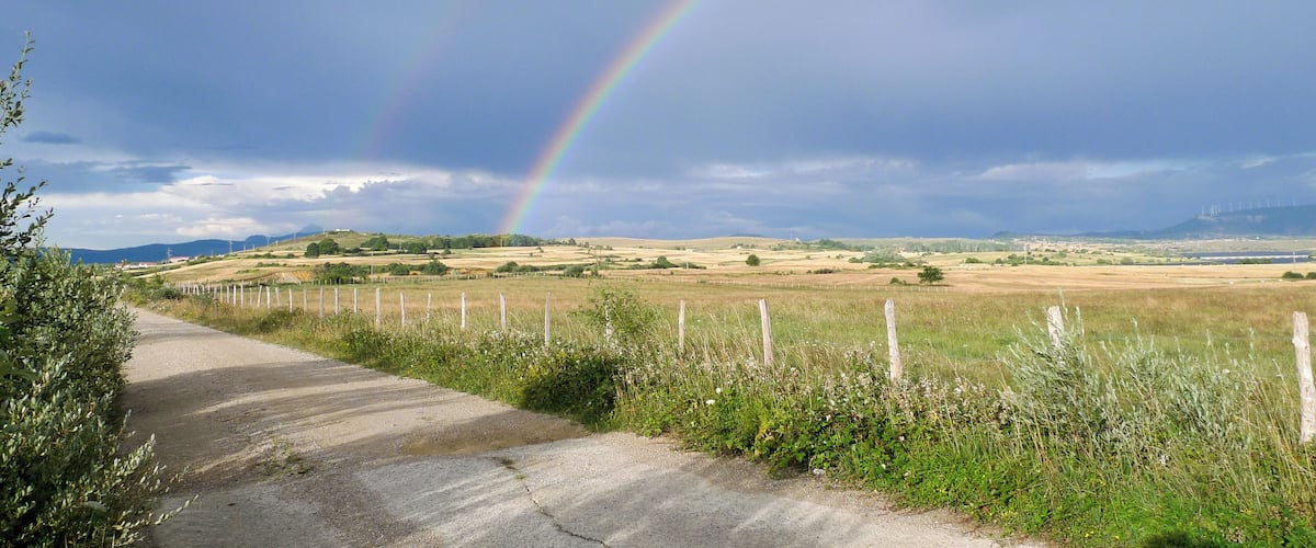 A rural landscape with a dirt road, grassy fields, and a rainbow.