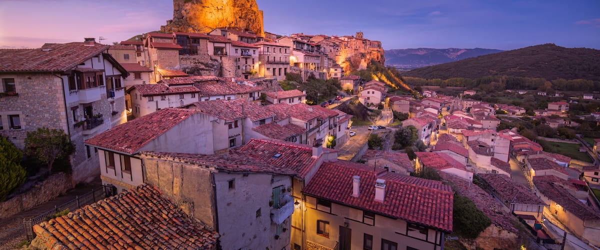 A historic town with a prominent castle on a hill, surrounded by terraced houses with red-tiled roofs.