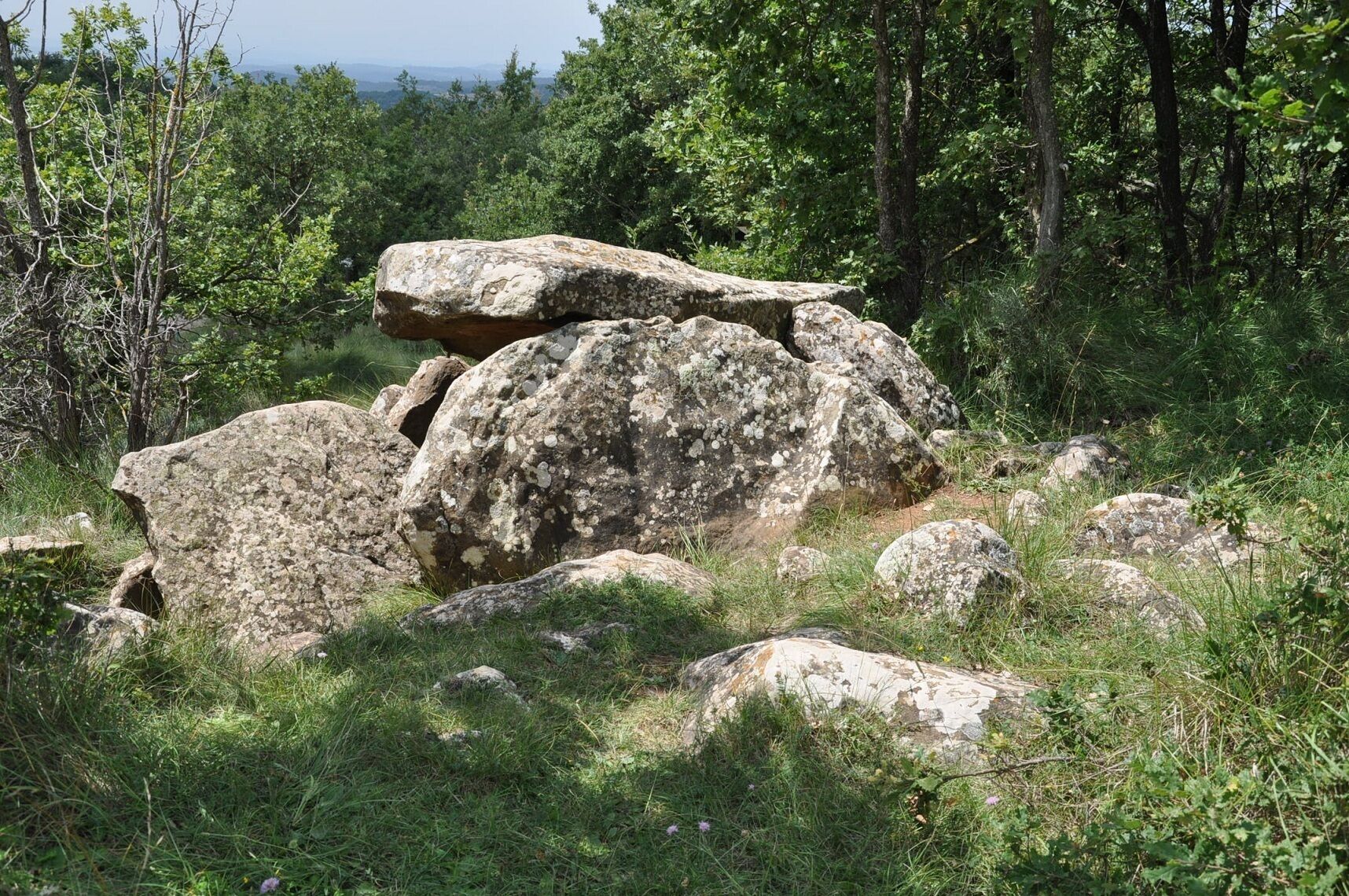 A megalithic tomb (dolmen) just below the summit of the Puig Rodó (1056 m, Moià, Comarca de Bages, Catalonia, Spain).