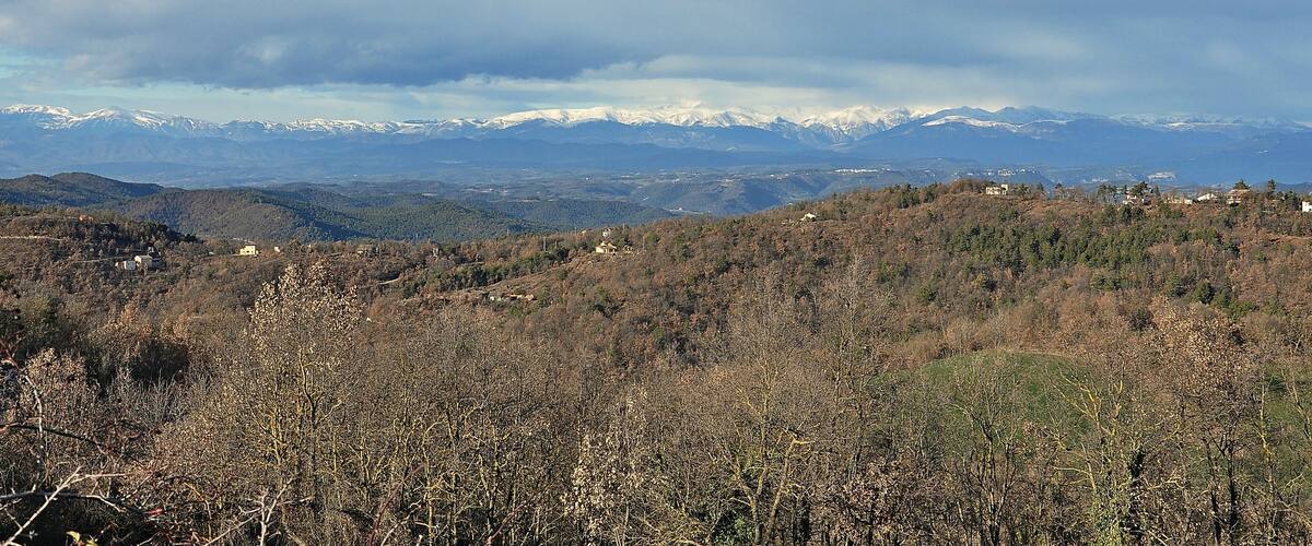 A mountainous landscape with snow-capped peaks, scattered houses, and dense forest.