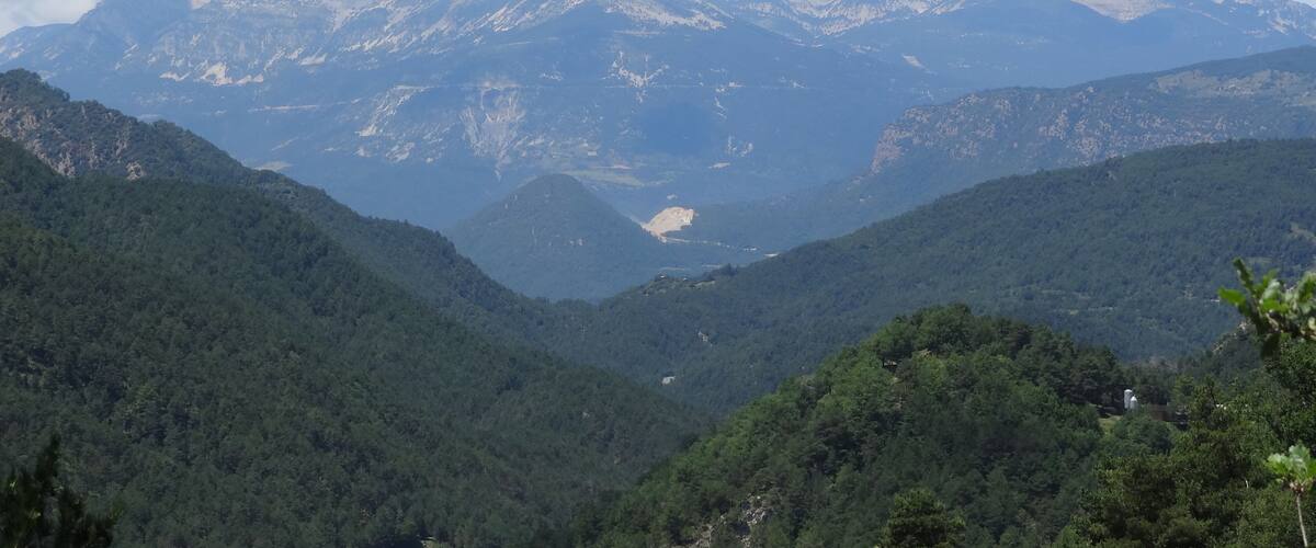A mountainous landscape with dense forests and snow-capped peaks under a clear sky.