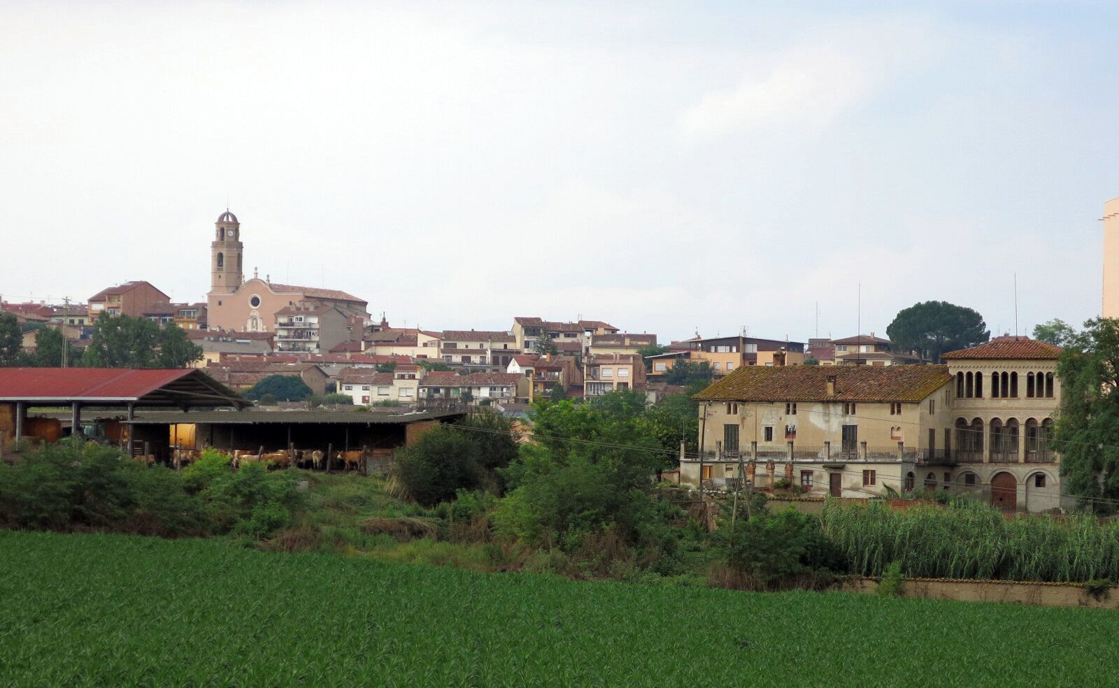 A town with a prominent church tower, a covered market, and a historic building with arches.