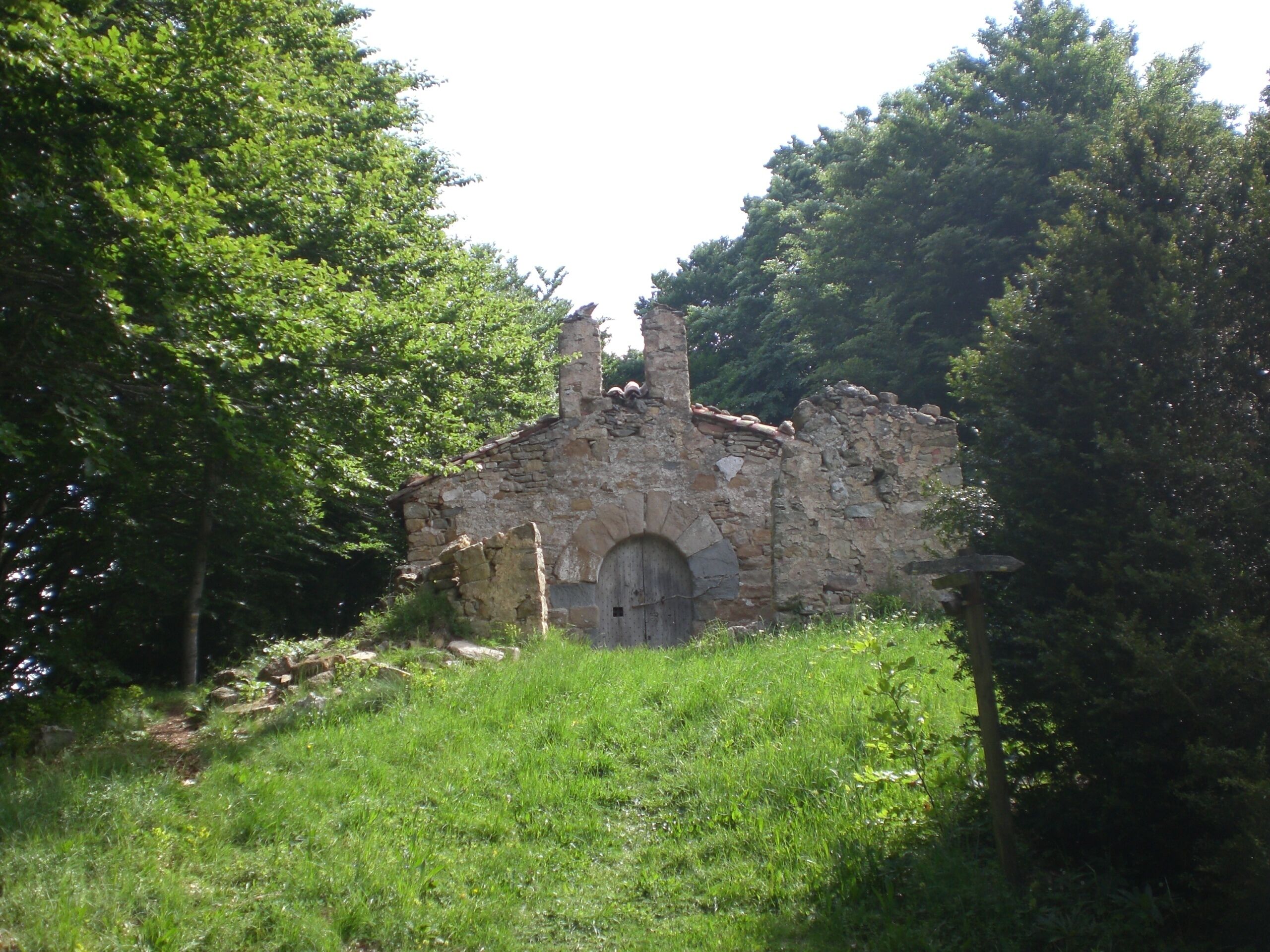 A stone building with a wooden door, surrounded by lush green trees and grass.