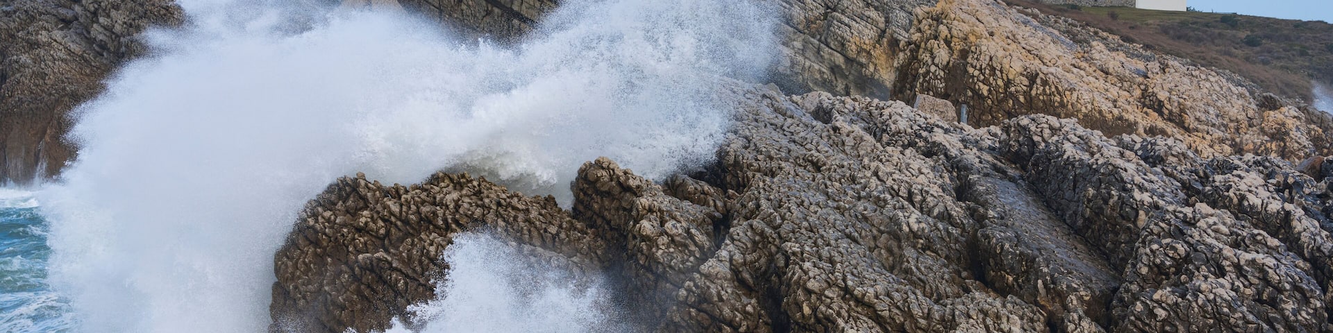 Swell and storm in the Hermitage of the Virgen del Mar in San Roman de la Llanilla in the Municipality of Santander. Cantabrian Sea. Autonomous Community of Cantabria. Spain. Europe