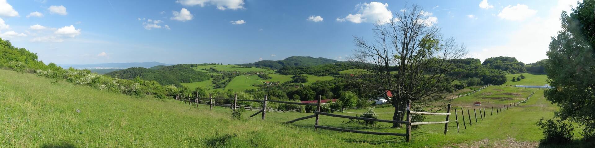 A lush green valley with rolling hills, a wooden fence, and a red-roofed building.