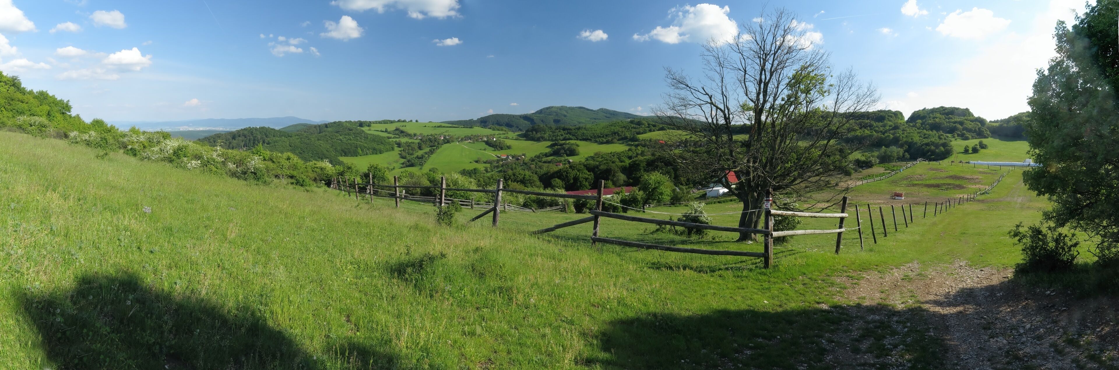 A lush green valley with rolling hills, a wooden fence, and a red-roofed building.