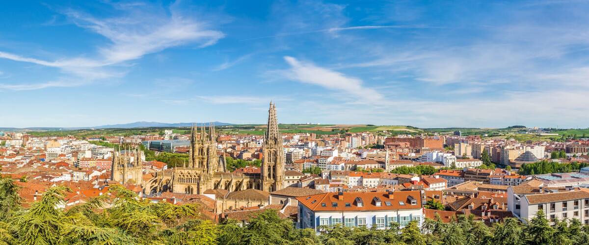 A cityscape with prominent Gothic architecture, including a tall church tower and a cathedral with intricate spires.