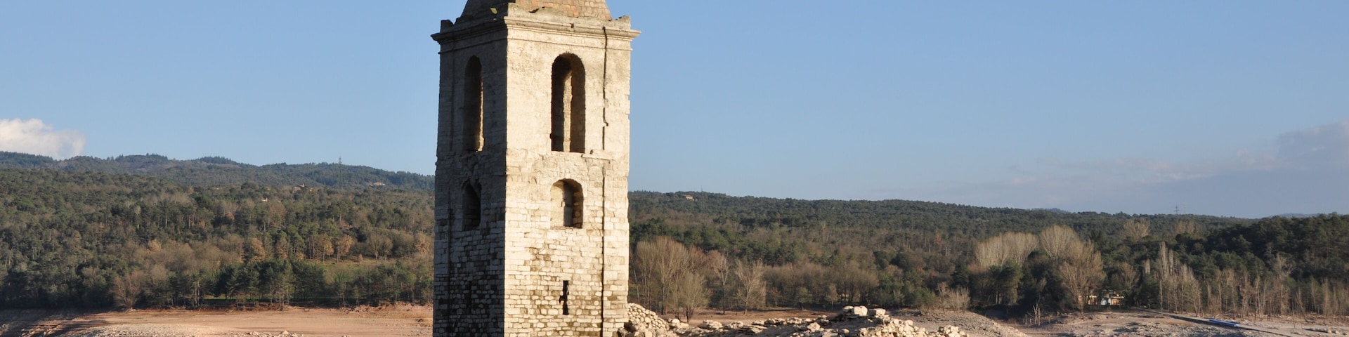 Vilanova de Sau. Old church of Sant Romà de Sau, submerged under the waters of Sau reservoir. 11th Century and later additions