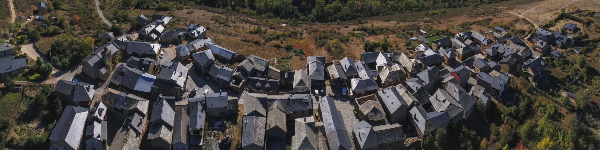 Aerial view in El Bierzo. Village of Espinoso de Compludo. Leon,Spain. Drone Photo