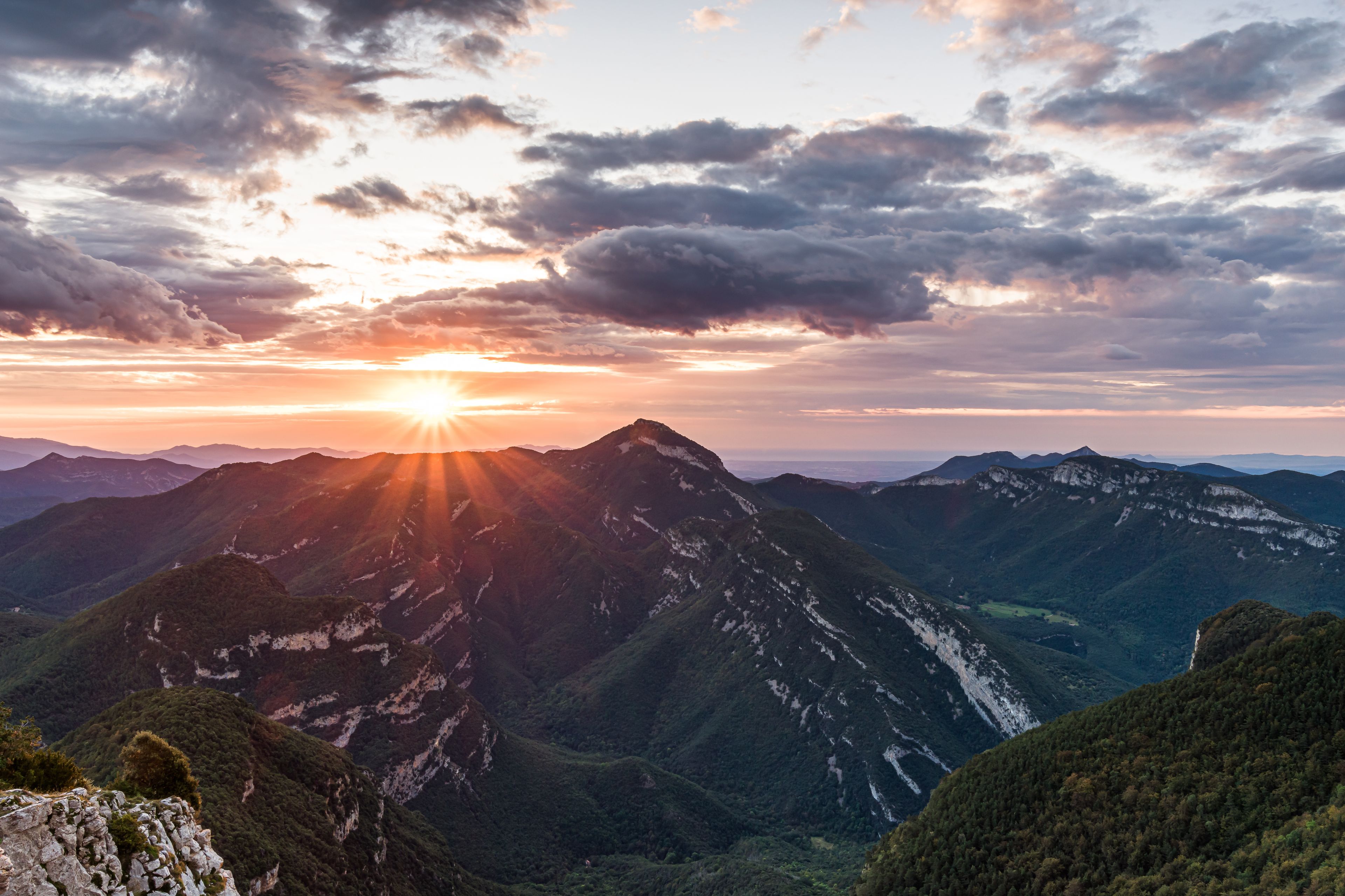 Amazing sunrise in the mountains (Alta Garrotxa, Spain, Catalonia)