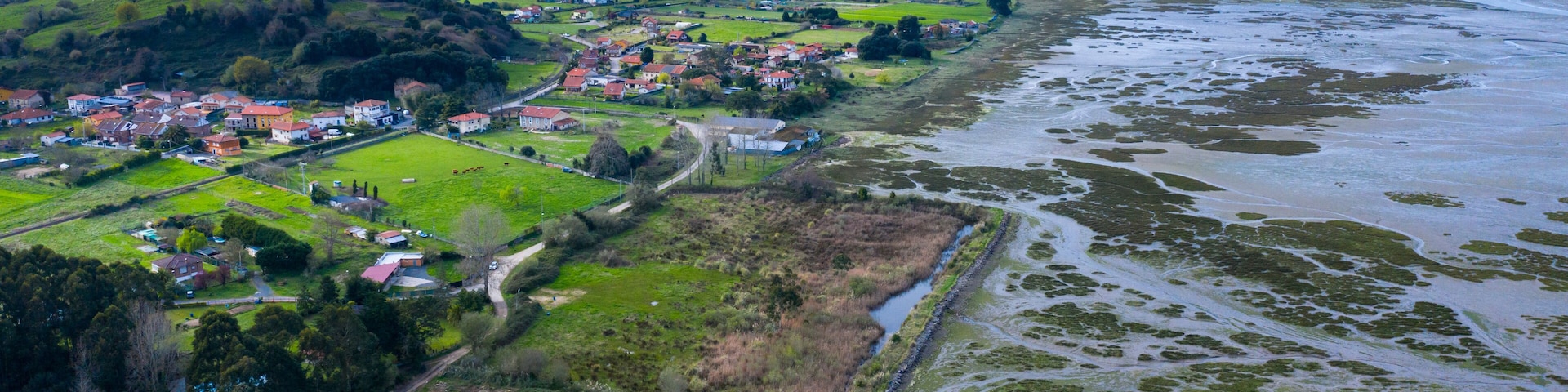 Aerial view, Marismas de Santoña, Noja y Joyel Natural Park, Cantabrian Sea, Cantabria, Spain, Europe