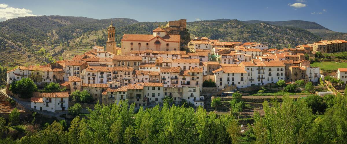 A historic town with terracotta-roofed buildings, a prominent church, and a castle on a hillside.