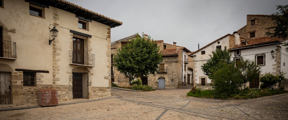 A cobblestone street in a historic town with stone buildings, a large tree, and a traditional lamp post.