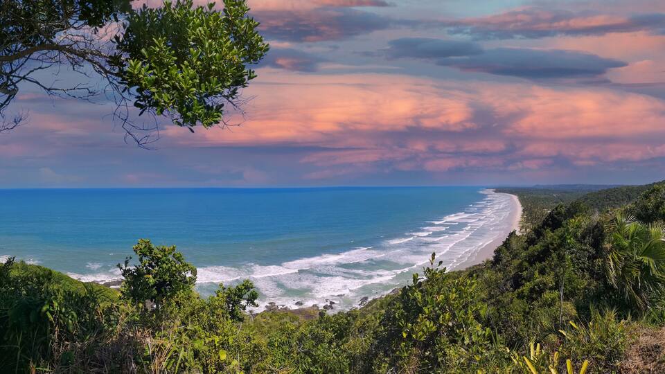 A coastal landscape with a beach, ocean, and lush greenery.