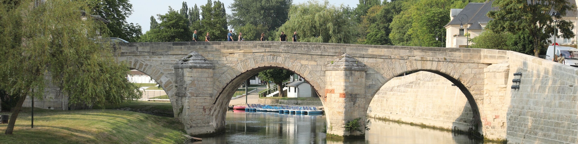 A stone bridge over a calm river with a swan swimming below.