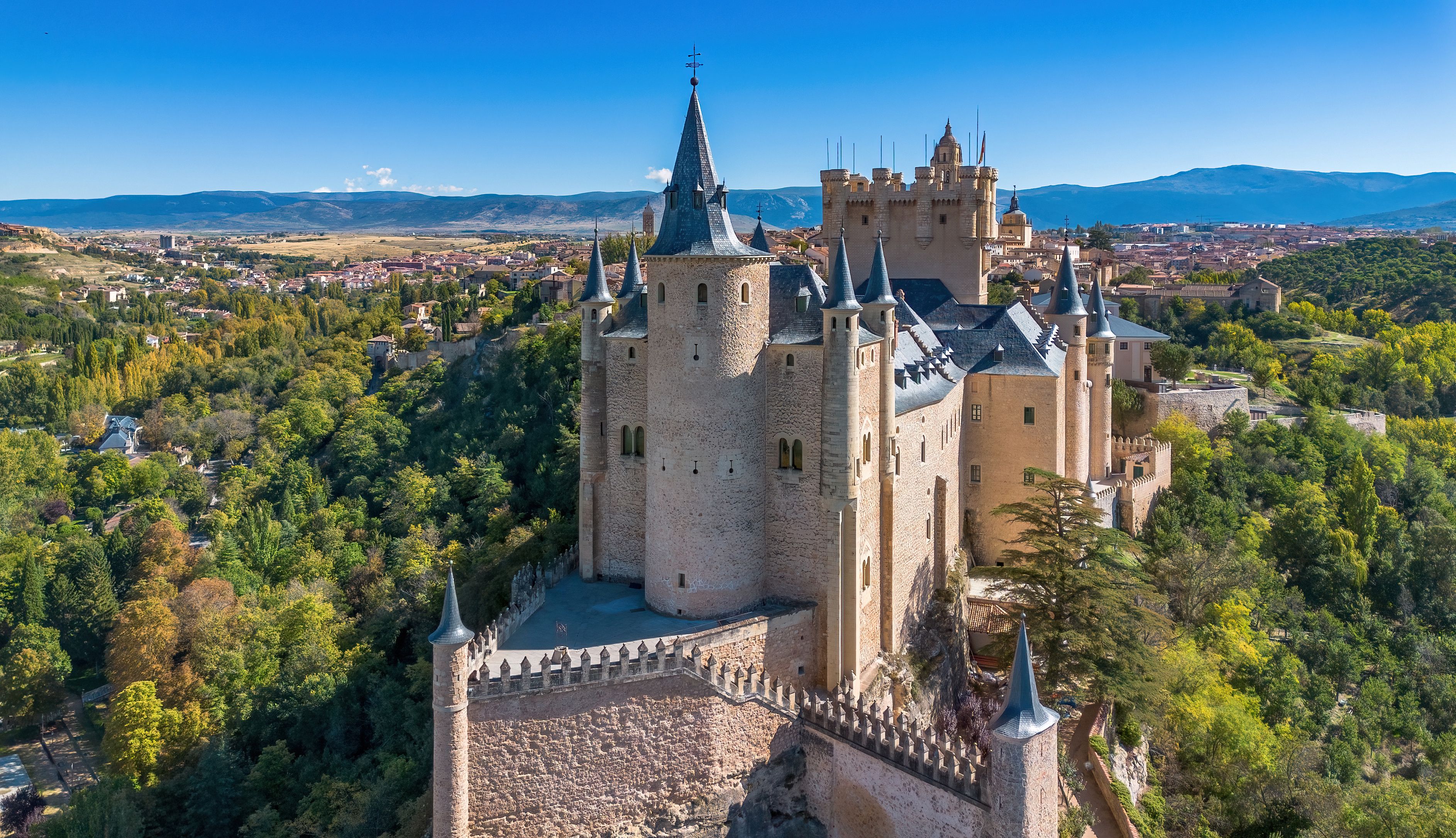 Aerial view of the Alcázar of Segovia, a medieval castle built on a rocky crag in Castile and León, Spain