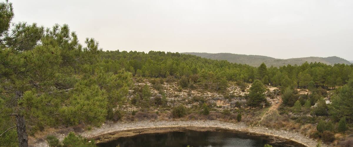 A small pond surrounded by trees and hills.