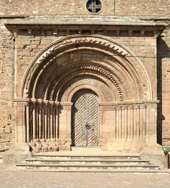 Cubells, la Noguera, Catalonia. Church of St. Mary the Castle. Romanesque door of School of Lleida, 13th century.