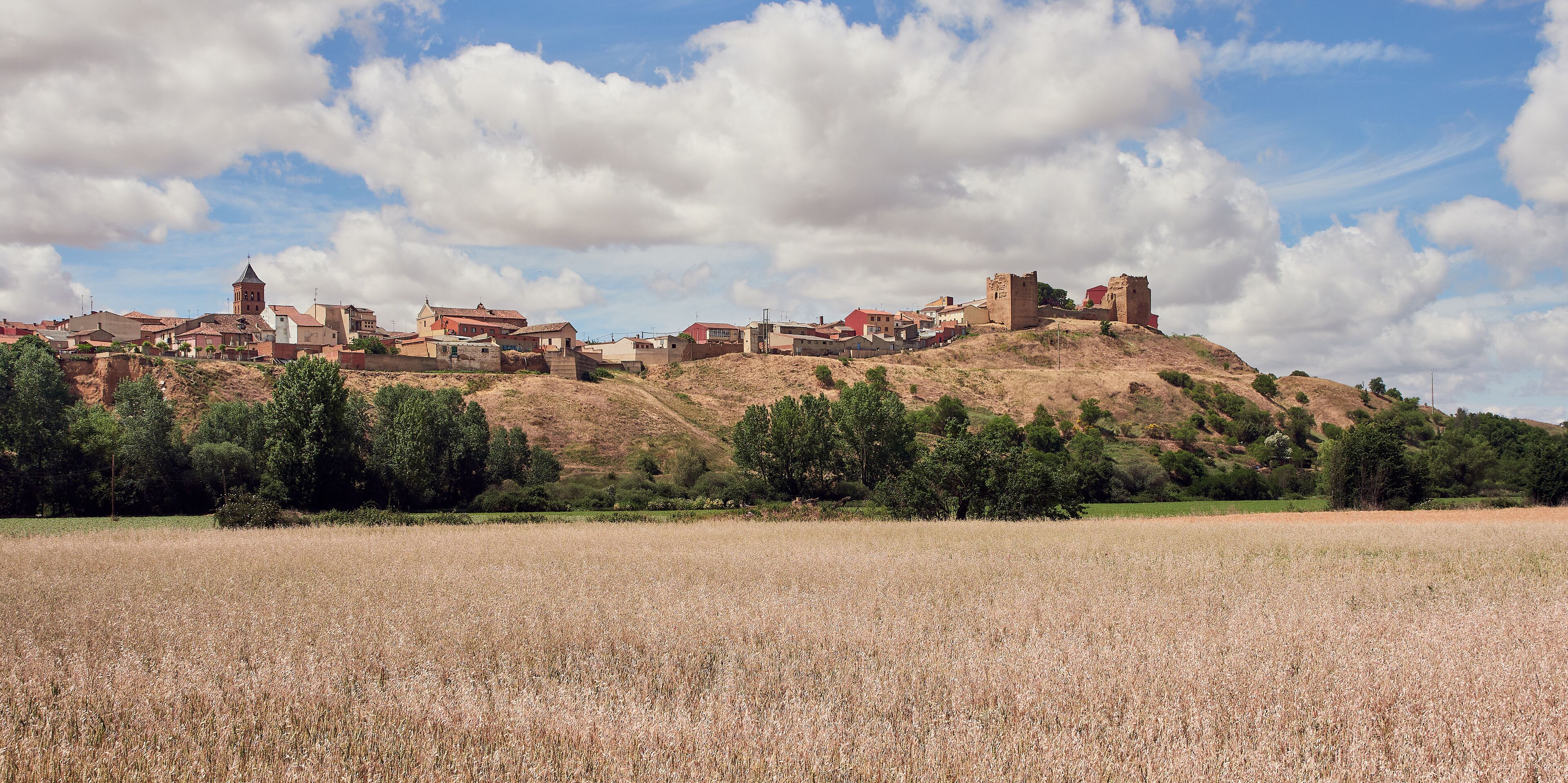 A historic town with medieval architecture, including a prominent tower and castle ruins, set against a backdrop of rolling hills and a clear sky.