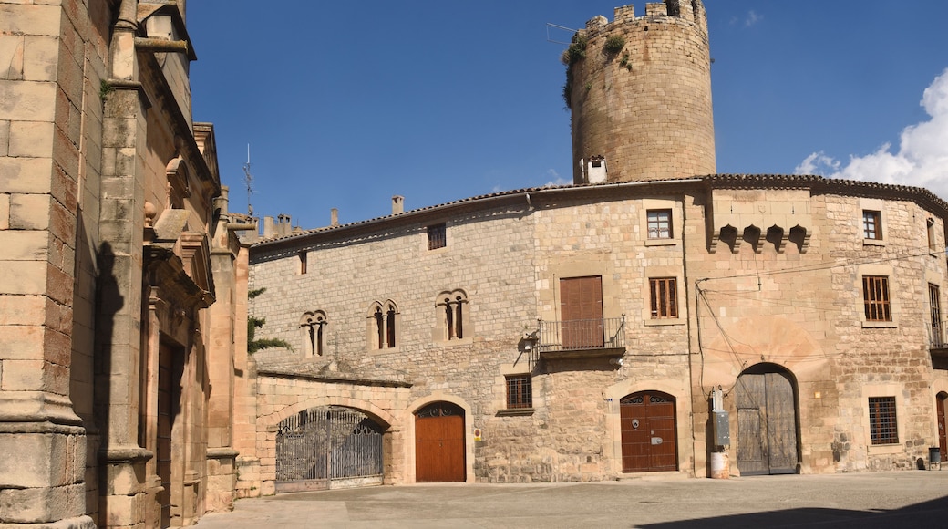 A historic stone building with a round tower, arched windows, and a gated entrance.