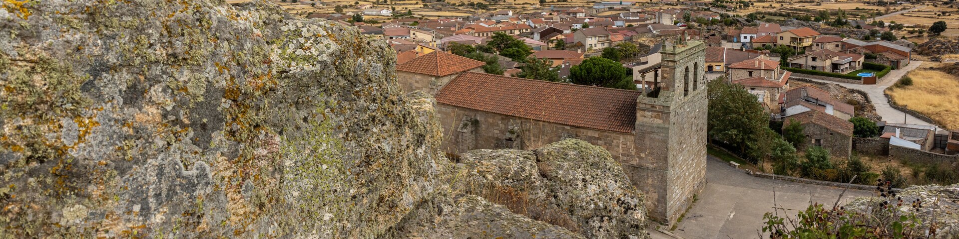 Panoramic photograph of the picturesque village of Peñausende, in the province of Zamora, Castile and León, Spain, captured from the top of its historic medieval castle.