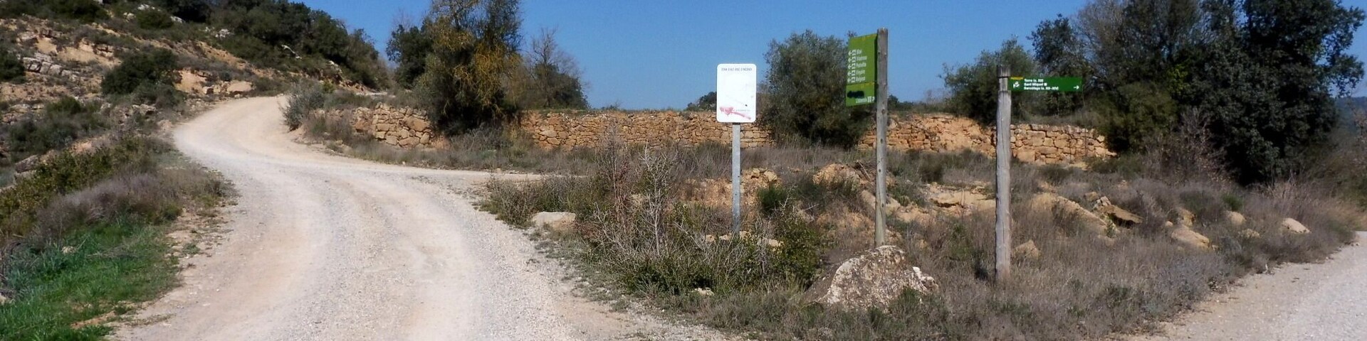 A gravel road winding through a dry, hilly landscape with sparse vegetation and a clear blue sky.