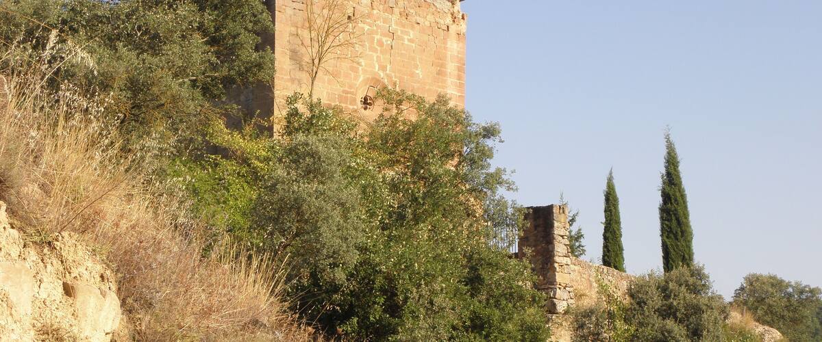 An ancient stone tower with arched windows, surrounded by dense shrubbery and trees on a hillside.