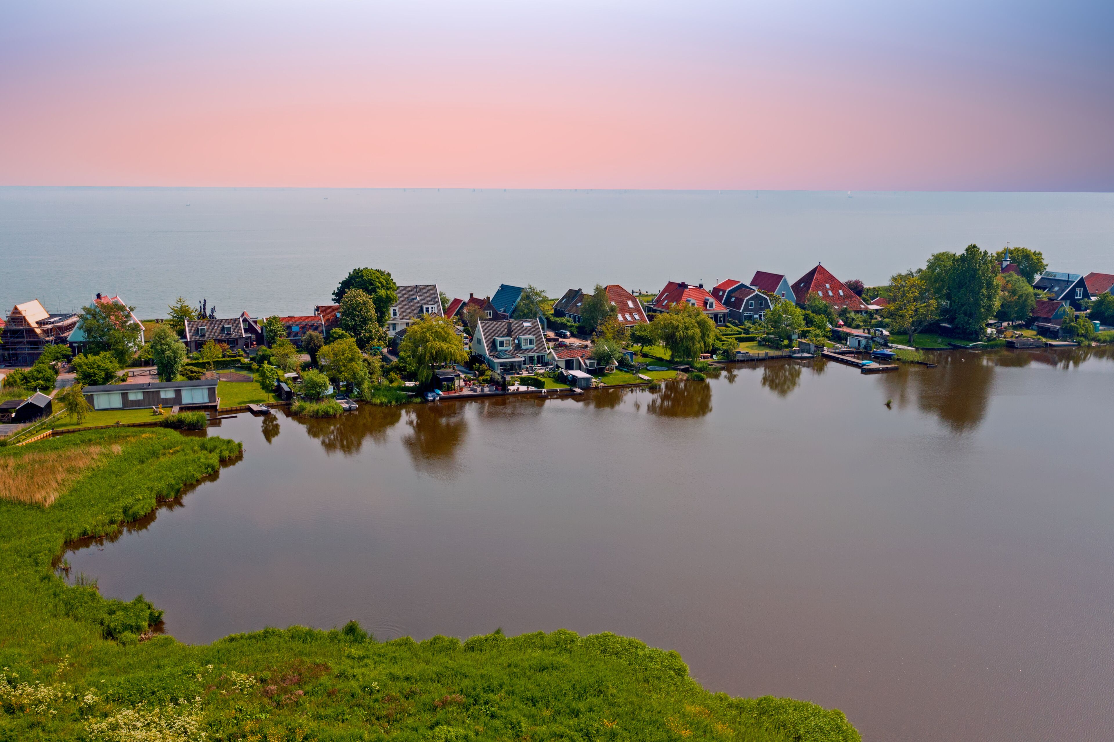 Aerial from the traditional village Uitdam at the IJsselmeer in the Netherlands