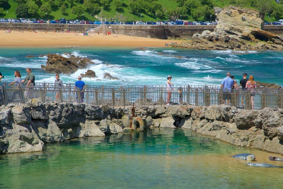 A rocky shoreline with clear blue water, a sandy beach, and a stone wall with people standing on it.