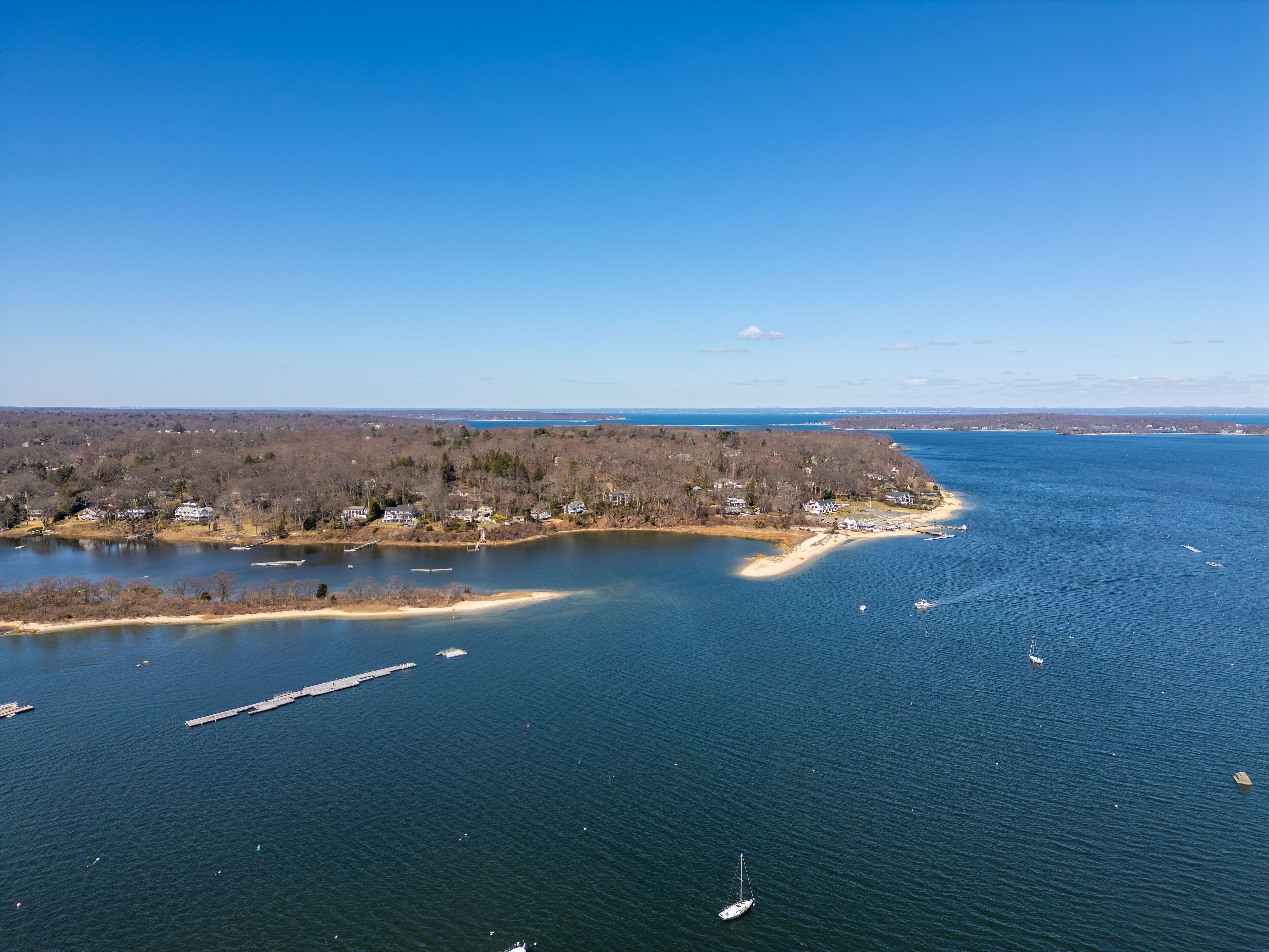 Drone Aerial View of Bird Island and Northport Bay in Long Island, New York