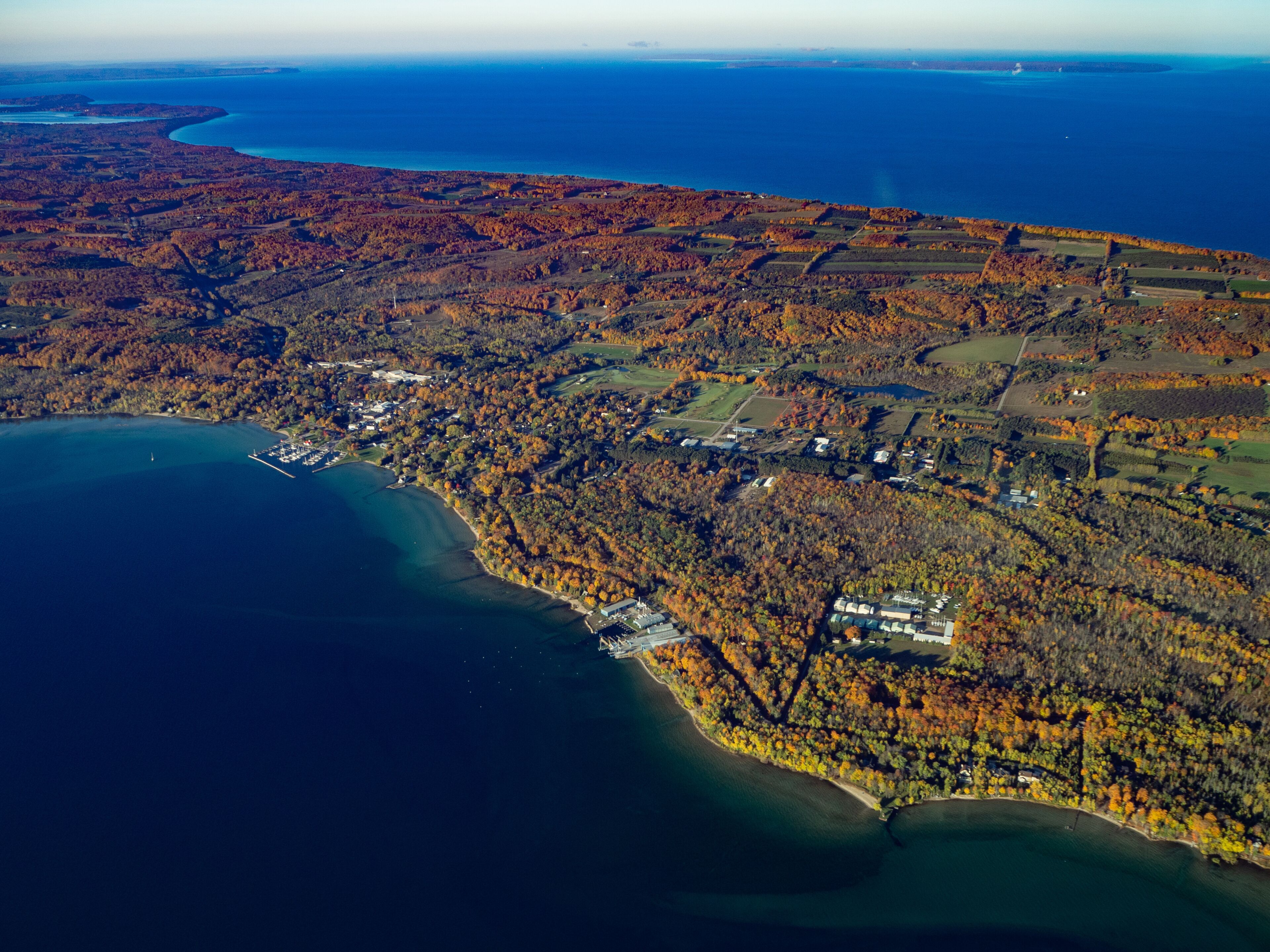 Aerial of Northport, Michigan in Leelanau autumn