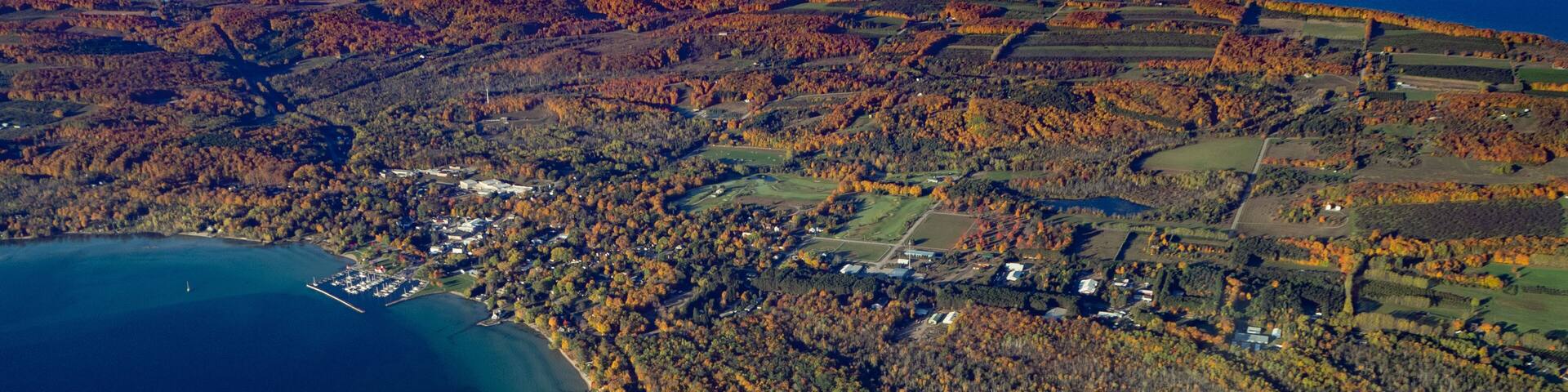 Aerial of Northport, Michigan in Leelanau autumn