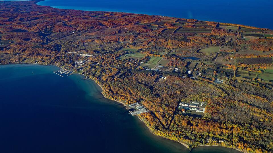 Aerial of Northport, Michigan in Leelanau autumn
