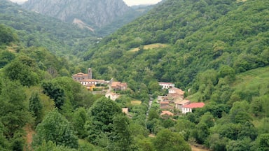 A village nestled in a valley surrounded by lush green hills and a prominent mountain in the background.