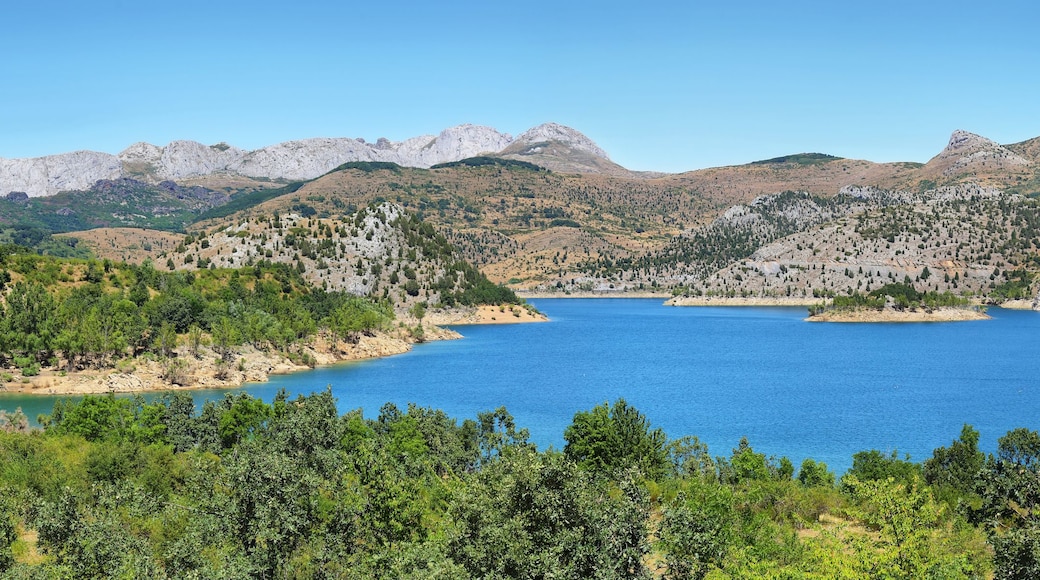 A lake surrounded by mountains and dense green forest.