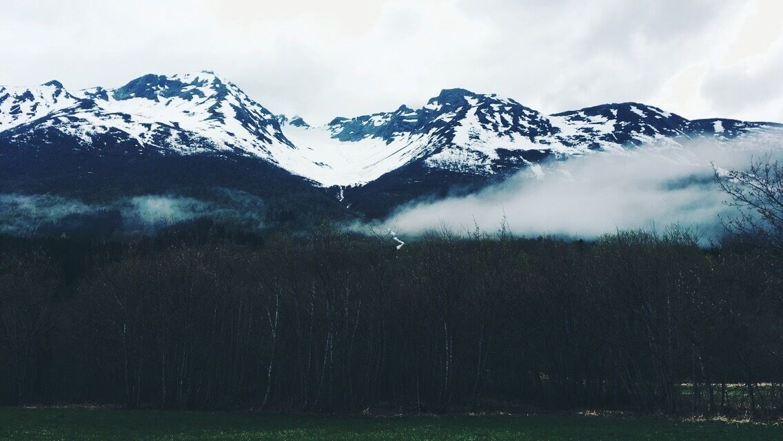 Snow-capped mountains, a forested valley, and a misty atmosphere.